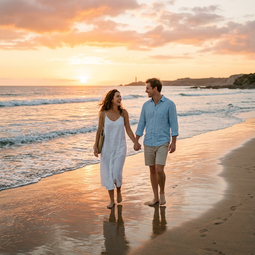 Couple holding hands on sunset beach