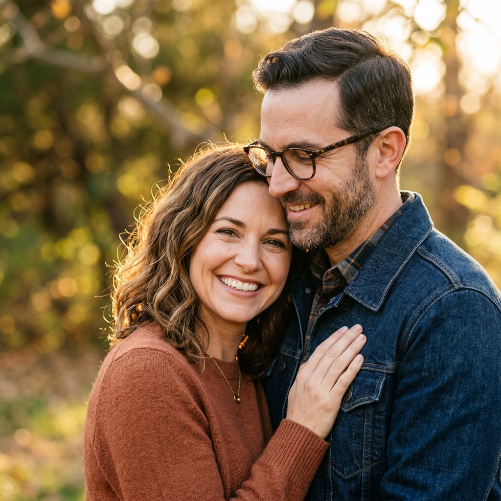 Loving couple embracing in golden sunlight
