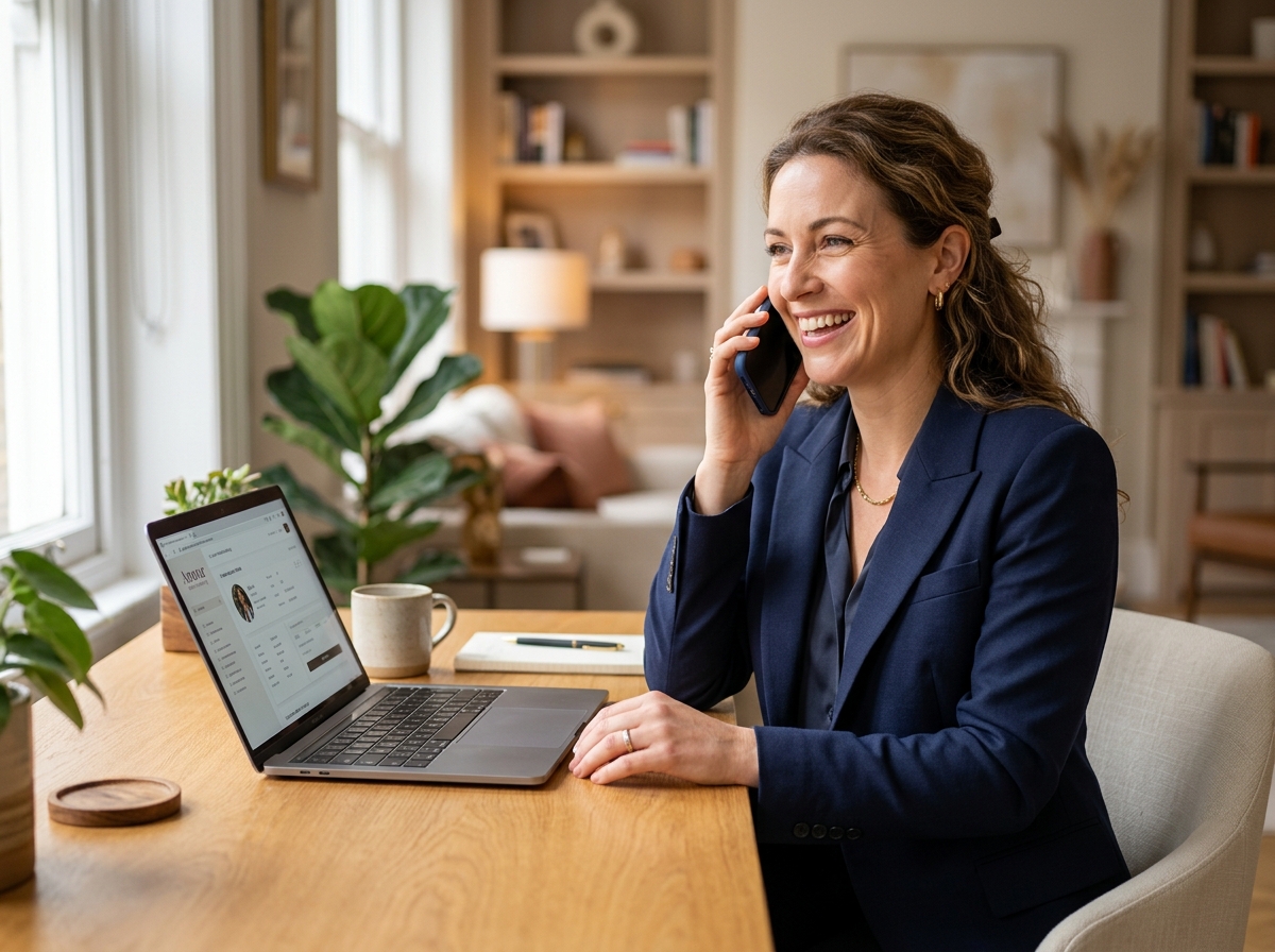 Woman matchmaker smiling warmly on initial phone consultation