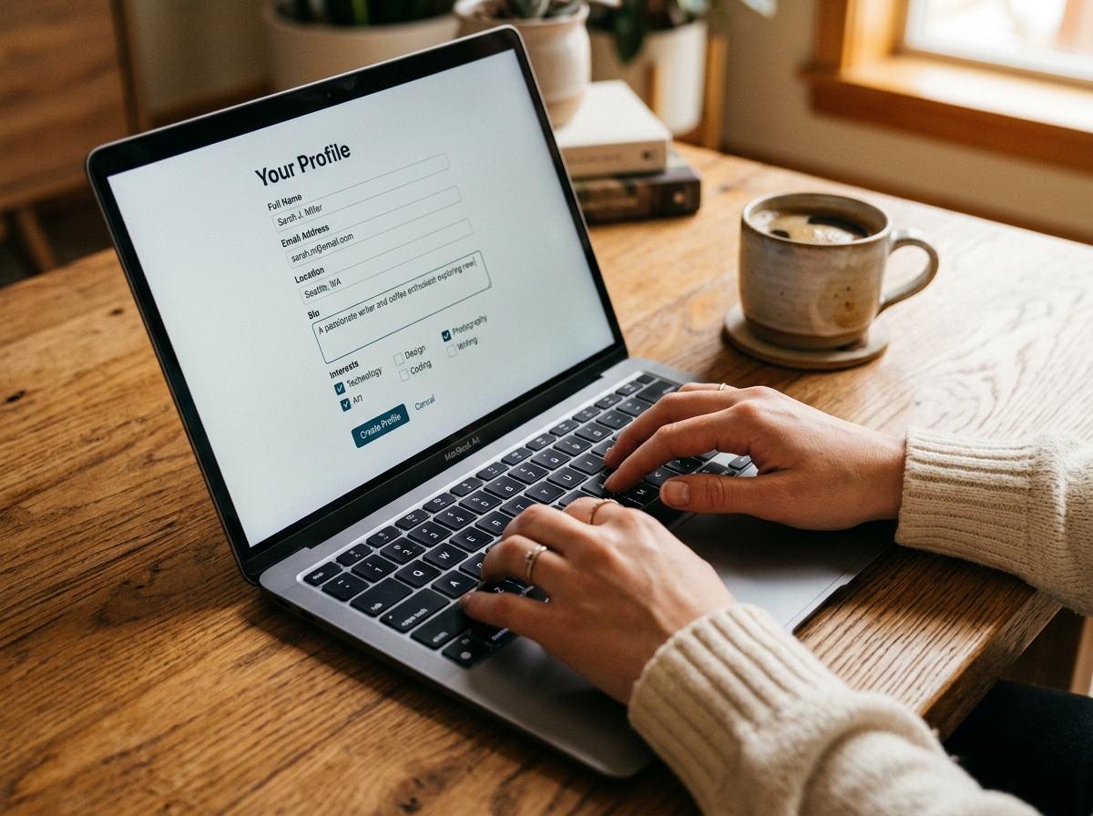 Completing profile questionnaire form on laptop