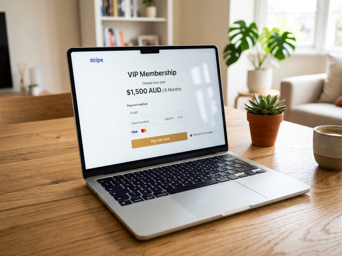 Secure Stripe checkout on laptop showing VIP Membership subscription