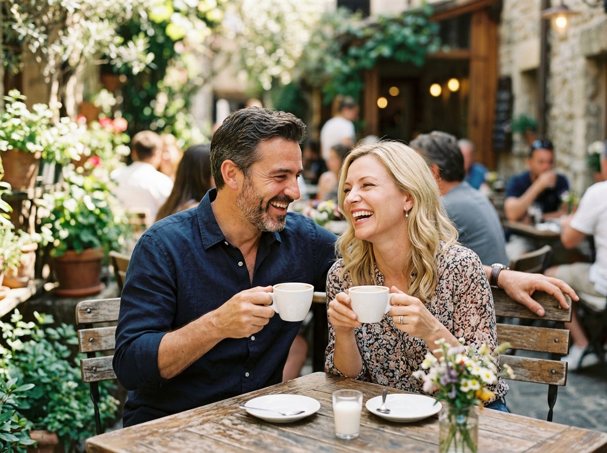 Happy mature couple enjoying coffee together on their curated first date